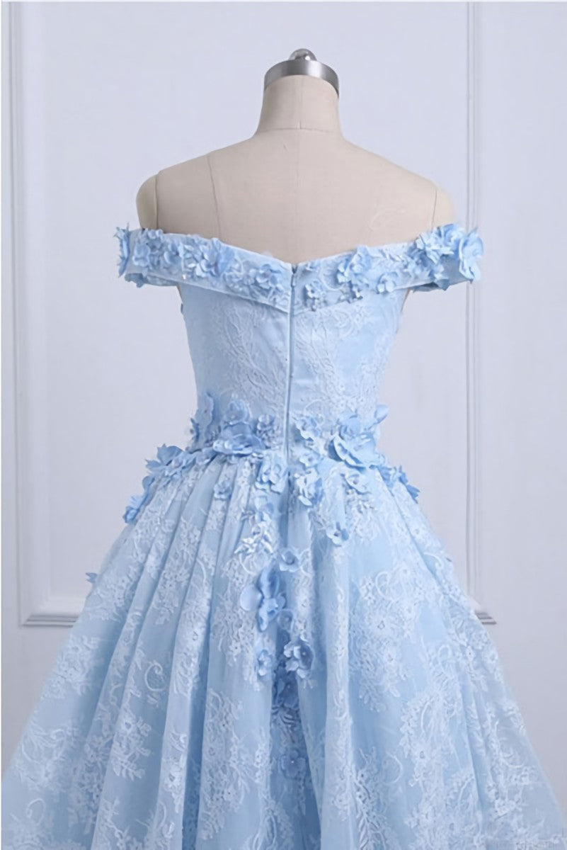 Party Dress Large Size, Light Blue Lace High Low Homecoming Dress,Floral Prom Dresses