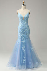Formal Dresses For 42 Year Olds, Light Blue Mermaid Lace-Up Appliques Tulle Long Prom Dress