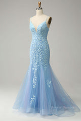Formal Dresses For Wedding Guests, Light Blue Mermaid Lace-Up Appliques Tulle Long Prom Dress