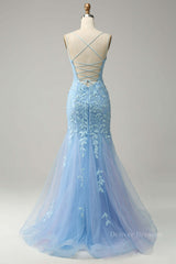 Formal Dress Attire For Wedding, Light Blue Mermaid Lace-Up Appliques Tulle Long Prom Dress