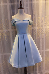 Bridesmaid Dresses Tulle, Light Blue Off Shoulder Satin Bridesmaid Dress, Blue Short Formal Dress