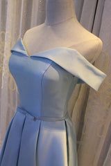 Bridesmaids Dress Chiffon, Light Blue Off Shoulder Satin Bridesmaid Dress, Blue Short Formal Dress