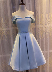 Bridesmaids Dress Gold, Light Blue Off Shoulder Satin Bridesmaid Dress, Blue Short Formal Dress