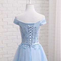 Bridesmaid Dresses Inspiration, Light Blue Off Shoulder Tulle Party Dress, Blue Homecoming Dresses