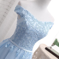 Bridesmaid Dress Inspiration, Light Blue Off Shoulder Tulle Party Dress, Blue Homecoming Dresses