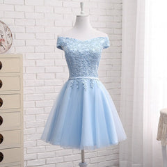 Bridesmaid Dress Idea, Light Blue Off Shoulder Tulle Party Dress, Blue Homecoming Dresses