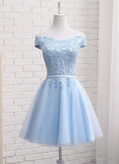 Bridesmaids Dress Inspiration, Light Blue Off Shoulder Tulle Party Dress, Blue Homecoming Dresses