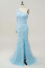 Formal Dresses Wedding, Light Blue One Shoulder Appliques Mermaid Long Prom Dress with Slit