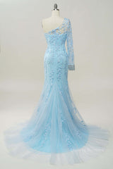 Formal Dress Websites, Light Blue One Shoulder Appliques Mermaid Long Prom Dress with Slit