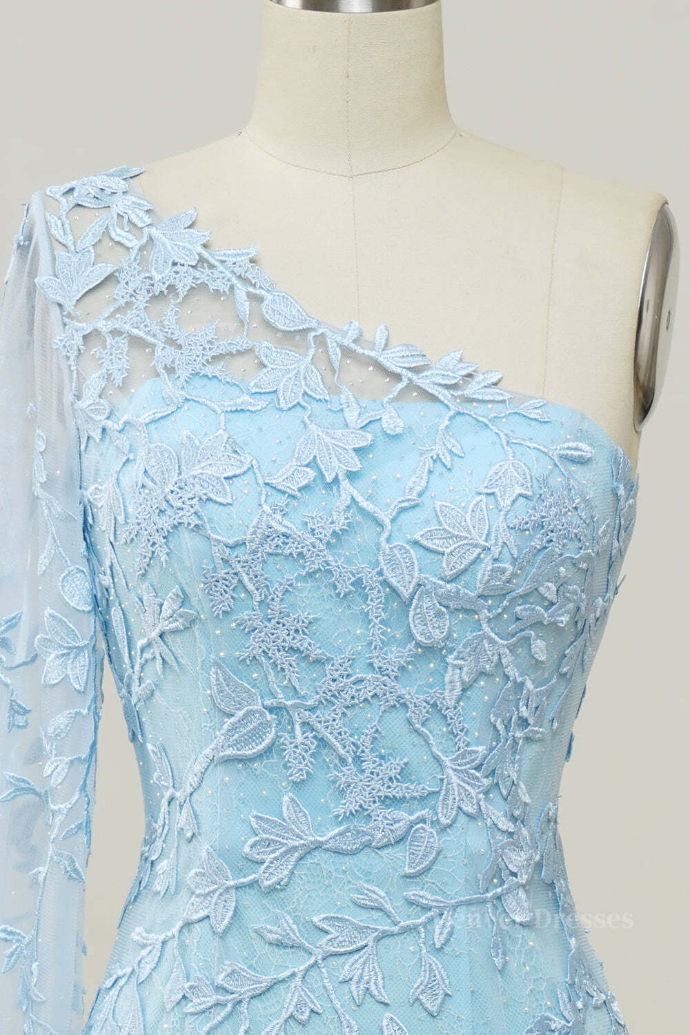 Formal Dress Website, Light Blue One Shoulder Appliques Mermaid Long Prom Dress with Slit