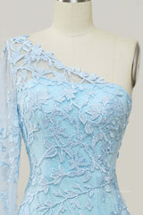 Formal Dress Website, Light Blue One Shoulder Appliques Mermaid Long Prom Dress with Slit