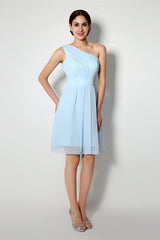 Summer Dress, Light Blue One Shoulder Chiffon Knee Length Homecoming Dresses