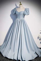 Party Dresses For Ladies, Light Blue Satin Long Prom Dress,A-Line Short Sleeve Evening Dresses