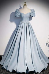 Party Dress For Ladies, Light Blue Satin Long Prom Dress,A-Line Short Sleeve Evening Dresses