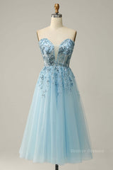 Evening Dress Shops, Light Blue Strapless Plunging V Neck Sequin-Embroidered Tea-Length Prom Dress