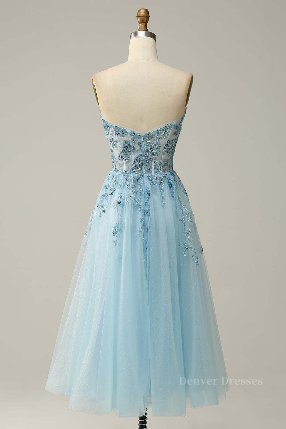 Evening Dress Near Me, Light Blue Strapless Plunging V Neck Sequin-Embroidered Tea-Length Prom Dress