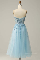 Evening Dress Near Me, Light Blue Strapless Plunging V Neck Sequin-Embroidered Tea-Length Prom Dress