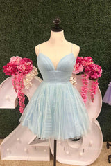 Sparklie Prom Dress, Light Blue Straps A-line Short Homecoming Dress