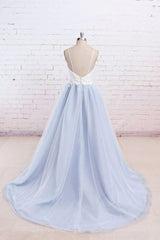 Wedding Dress Inspiration, Light Blue Tulle and White Top Long Wedding Party Gowns, Straps Junior Prom Dress