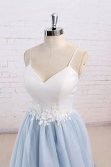 Wedding Dress With Sleeves, Light Blue Tulle and White Top Long Wedding Party Gowns, Straps Junior Prom Dress