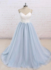 Wedding Dresses With Sleeves, Light Blue Tulle and White Top Long Wedding Party Gowns, Straps Junior Prom Dress
