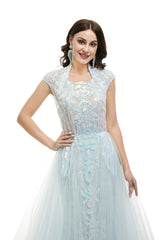 Bridesmaid Dresses Lavender, Light Blue Tulle Sequins Appliques Cap Sleeve Prom Dresses