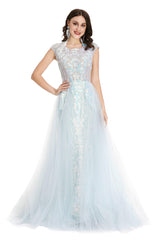 Bridesmaid Dresses Floral, Light Blue Tulle Sequins Appliques Cap Sleeve Prom Dresses