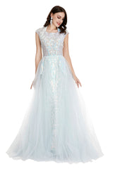 Winter Wedding, Light Blue Tulle Sequins Appliques Cap Sleeve Prom Dresses