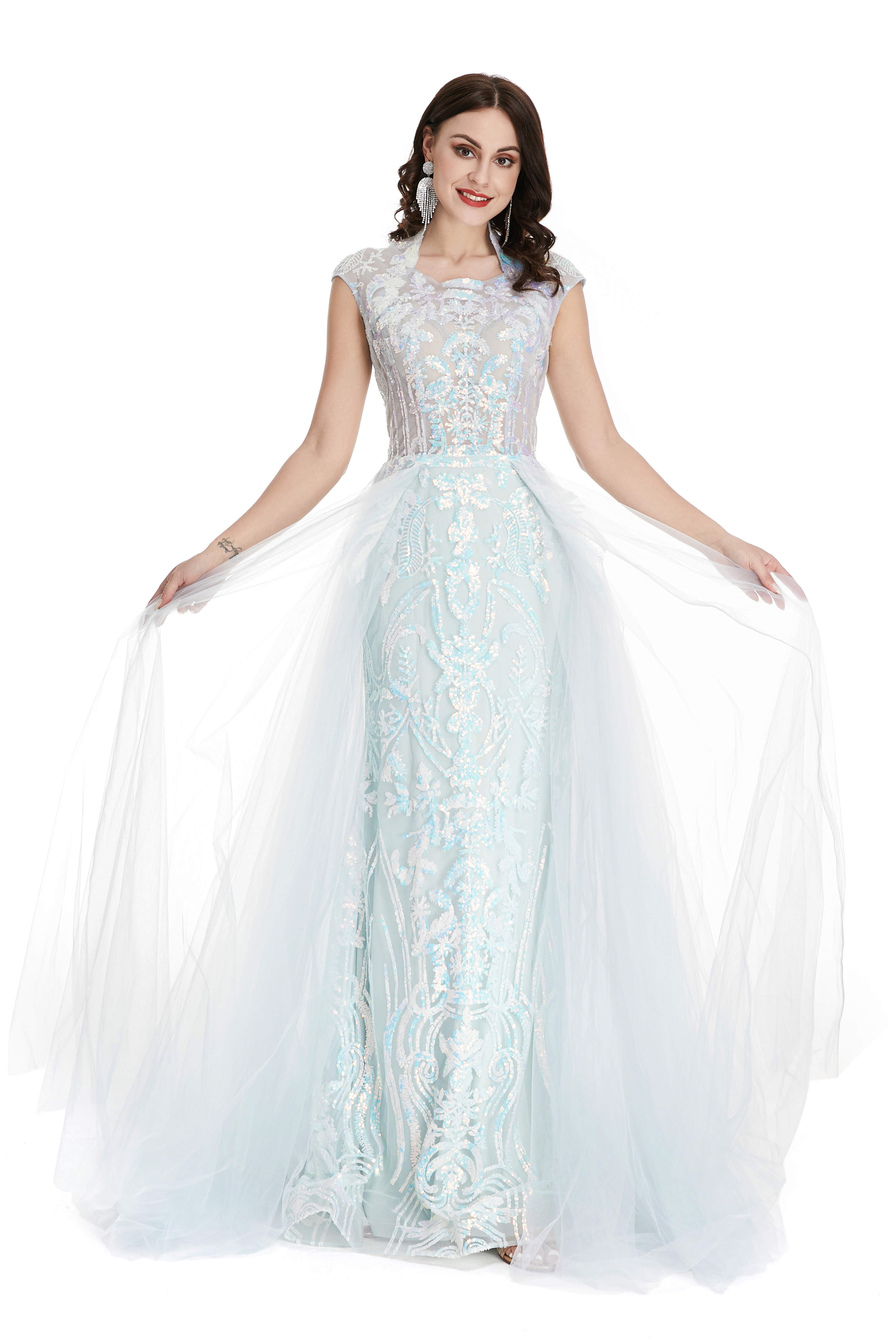 Wedding Color Schemes, Light Blue Tulle Sequins Appliques Cap Sleeve Prom Dresses