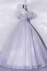 Elegant Wedding, Light Blue Tulle Sequins Prom Dress, Scoop Neck Short Sleeve Puffy Floor-Length Evening Dress