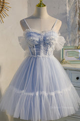 Homecoming Dresses Fitted, Light Blue Tulle Short A-line Homecoming Dress