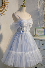 Homecoming Dress Tights, Light Blue Tulle Short A-line Homecoming Dress