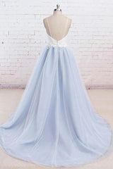 Bridesmaids Dress Convertible, Light Blue Tulle Simple Spaghetti Straps Sweep Train Backless Prom Dress