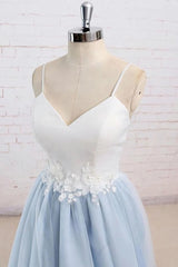 Bridesmaid Dress Convertible, Light Blue Tulle Simple Spaghetti Straps Sweep Train Backless Prom Dress