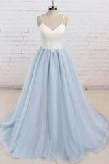 Bridesmaid Dresses Convertible, Light Blue Tulle Simple Spaghetti Straps Sweep Train Backless Prom Dress