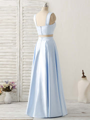 Prom Dresses Unique, Light Blue Two Pieces Satin Long Prom Dress Simple Evening Dress