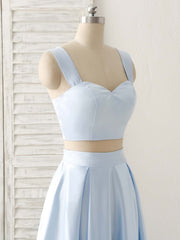 Prom Dress Cheap, Light Blue Two Pieces Satin Long Prom Dress Simple Evening Dress
