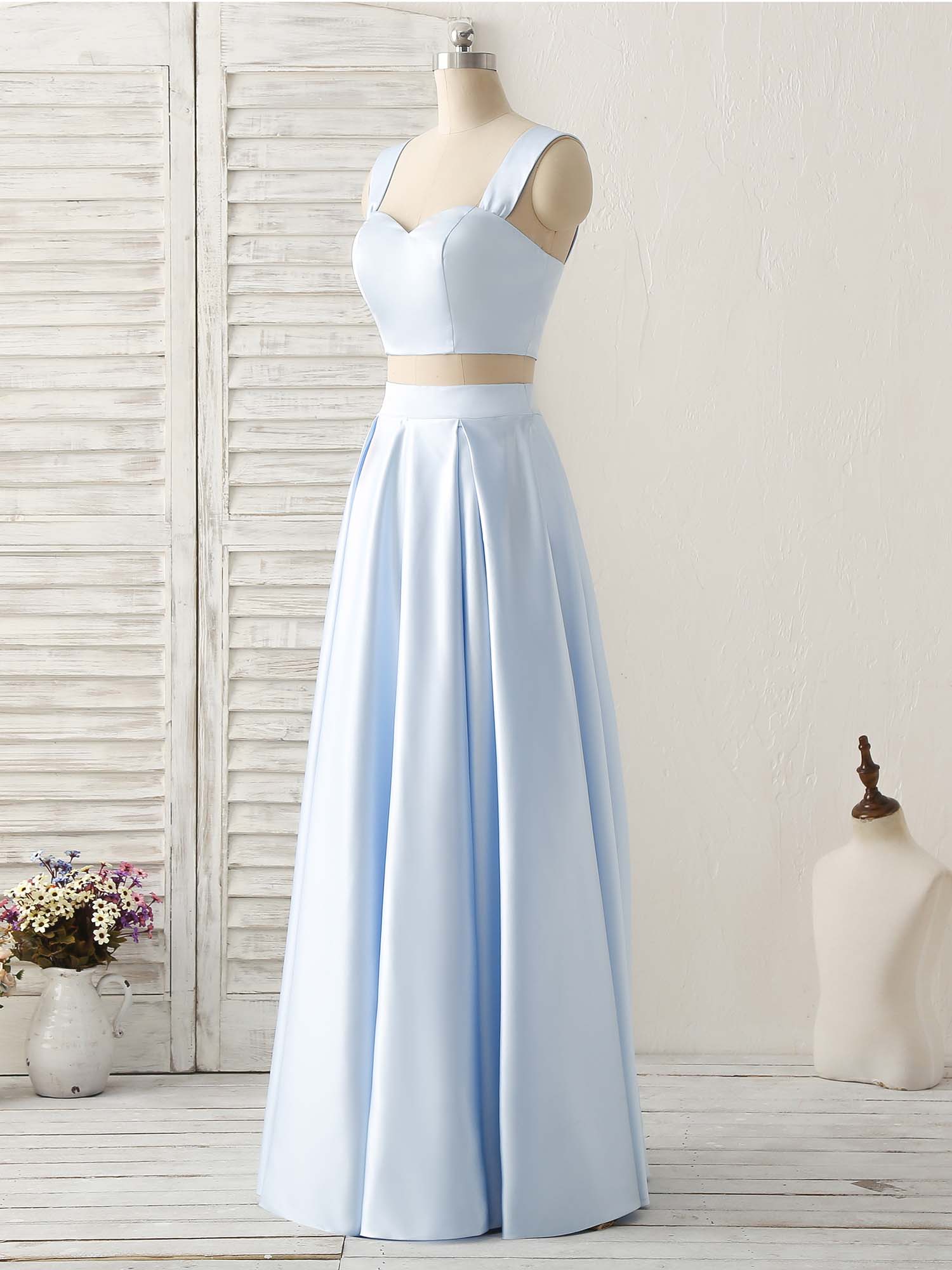 Prom Dress Beautiful, Light Blue Two Pieces Satin Long Prom Dress Simple Evening Dress