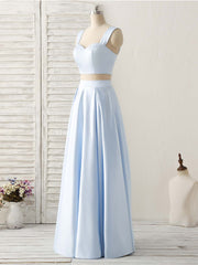 Prom Dress Beautiful, Light Blue Two Pieces Satin Long Prom Dress Simple Evening Dress