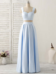 Prom Dress Unique, Light Blue Two Pieces Satin Long Prom Dress Simple Evening Dress
