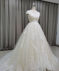 Wedding Dress Strapless, Light Champagne Tulle Lace Long Wedding Dress Lace Bridal Dress