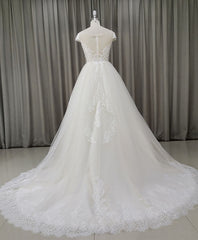 Wedding Dress Idea, Light Champagne Tulle Lace Long Wedding Dress Lace Bridal Dress