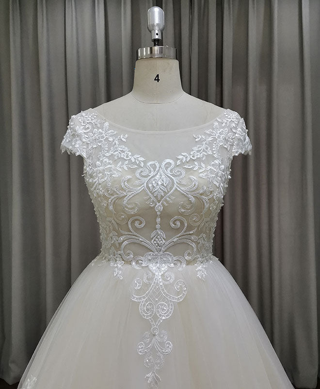 Wedding Dresses Ideas, Light Champagne Tulle Lace Long Wedding Dress Lace Bridal Dress