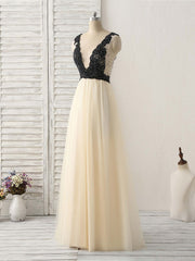Prom Dresses Shopping, Light Champagne V Neck Beads Tulle Long Prom Dress, Champagne Formal Dress