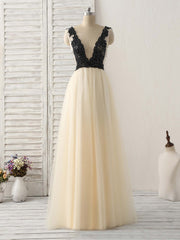 Prom Dresses Shop, Light Champagne V Neck Beads Tulle Long Prom Dress, Champagne Formal Dress