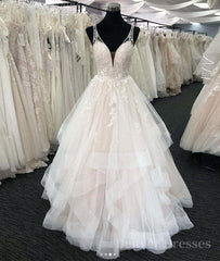 Wedding Dress A Line Sleeves, Light champagne v neck tulle lace long prom dress, wedding dress