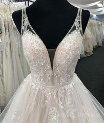Wedding Dress Order Online, Light champagne v neck tulle lace long prom dress, wedding dress