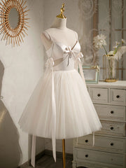 Formal Dress Shopping, Light Champagne V neck Tulle Short Prom Dress, Tulle Puffy Homecoming Dress