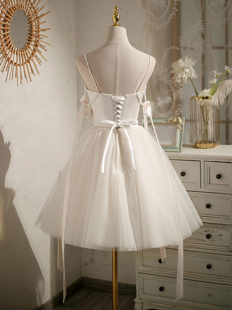 Formal Dress For Sale, Light Champagne V neck Tulle Short Prom Dress, Tulle Puffy Homecoming Dress