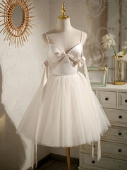 Formal Dress Shops, Light Champagne V neck Tulle Short Prom Dress, Tulle Puffy Homecoming Dress